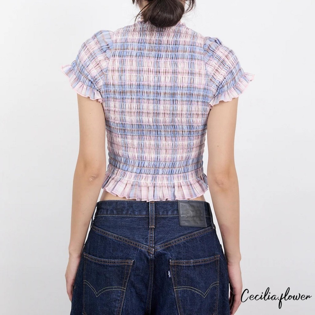 Áo Crop Top Kẻ SọcSlim Fit, Cổ Ngắn Tay Ruffle - Thích Hợp Mặc Hàng Ngày và Dạo Phố