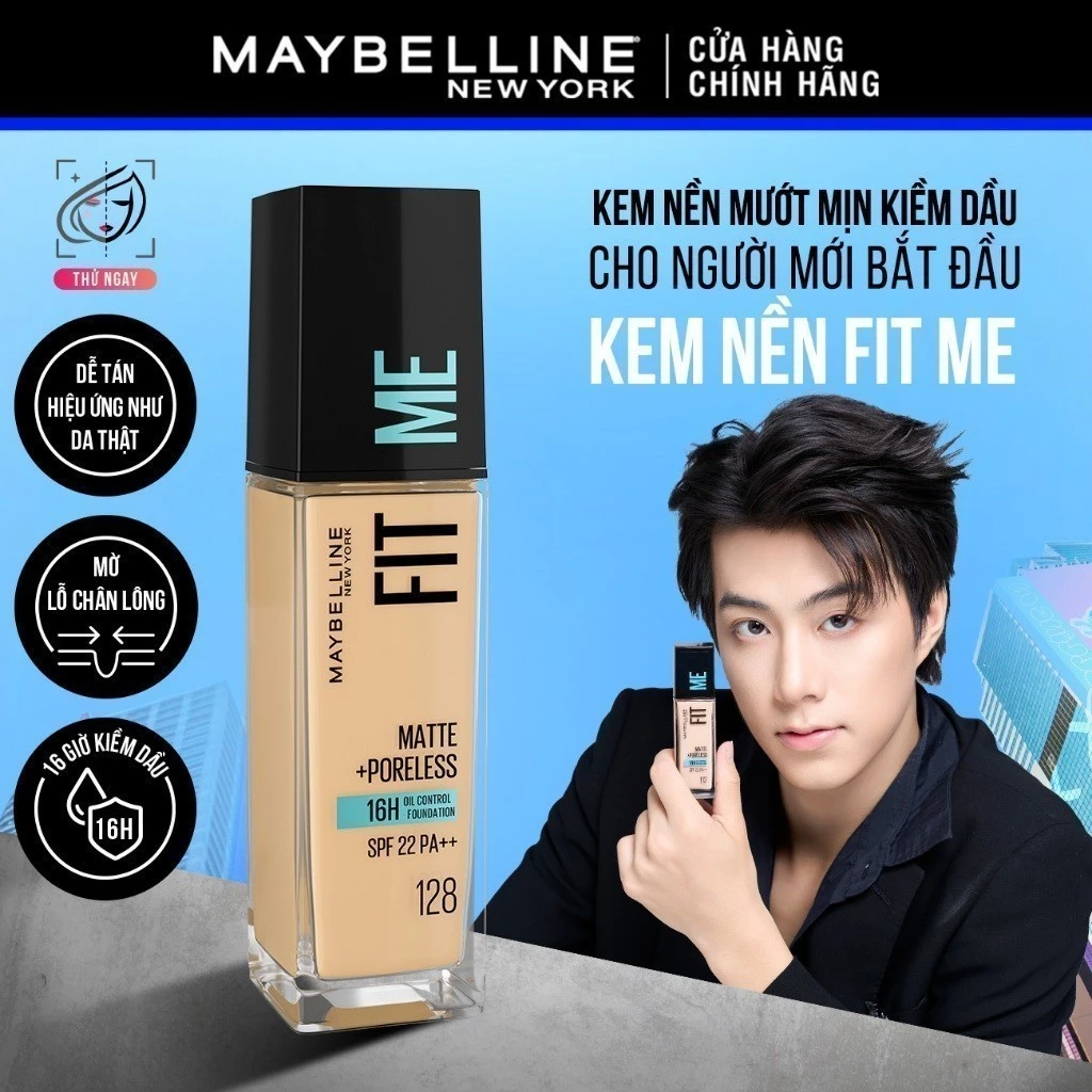 Kem Nền Mịn Nhẹ Kiềm Dầu 16H Fit Me Maybelline Matte Poreless Liquid Foundation Dành Cho Da Dầu và Da Thường 30ml