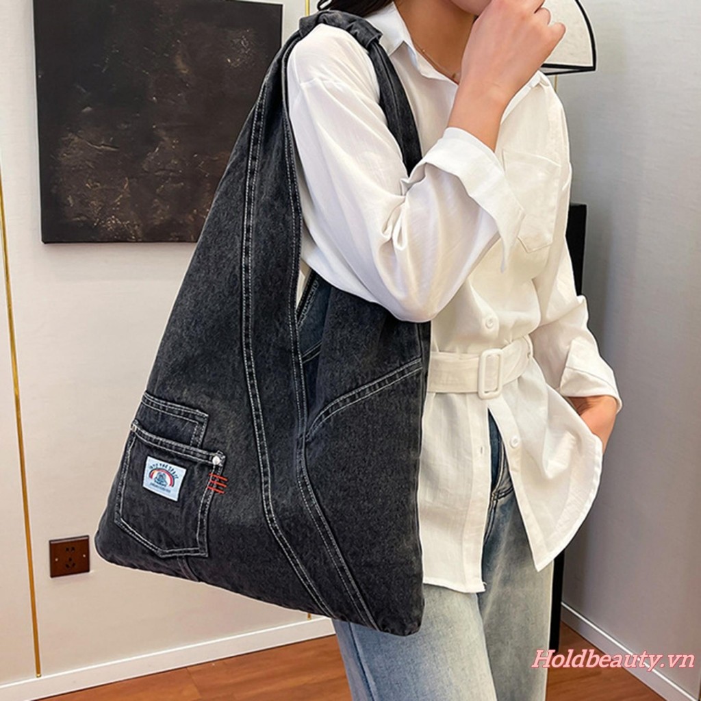 Túi Denim cổ điển dành cho nữ Ví đeo vai lớn có túi Túi Tote Jean thông thường dành cho du lịch, trường học, văn phòng ngoài trời