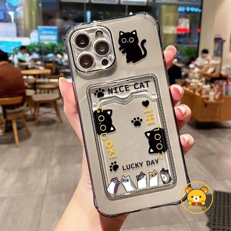 Ốp Ví Mèo Đen Dễ Thương Cho Redmi Note 14 13 12 11 Pro Plus 11S 10 Pro Max 10S 8T 8 Pro 5G 4G Vỏ Điện Thoại Hoạt Hình Cặp Đôi Đựng Thẻ Mặt Sau Mềm