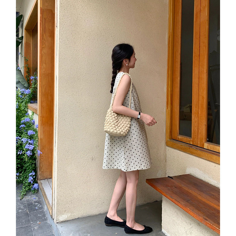 Polka dot skirts Váy không tay phong cách Hàn Quốc, váy tank ôm sát