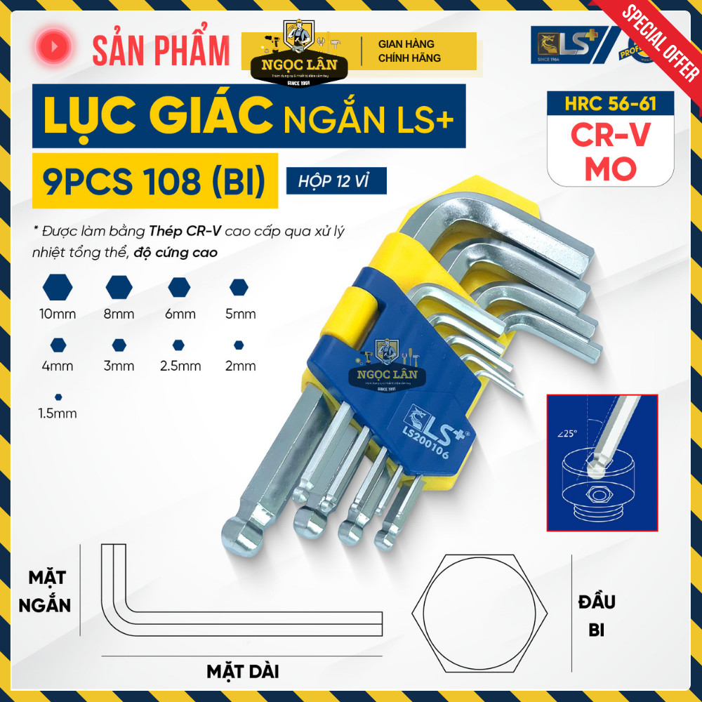 [Chính hãng] Bộ Lục Giác Bi Ngắn LS+ cao cấp chuẩn Thép CRV