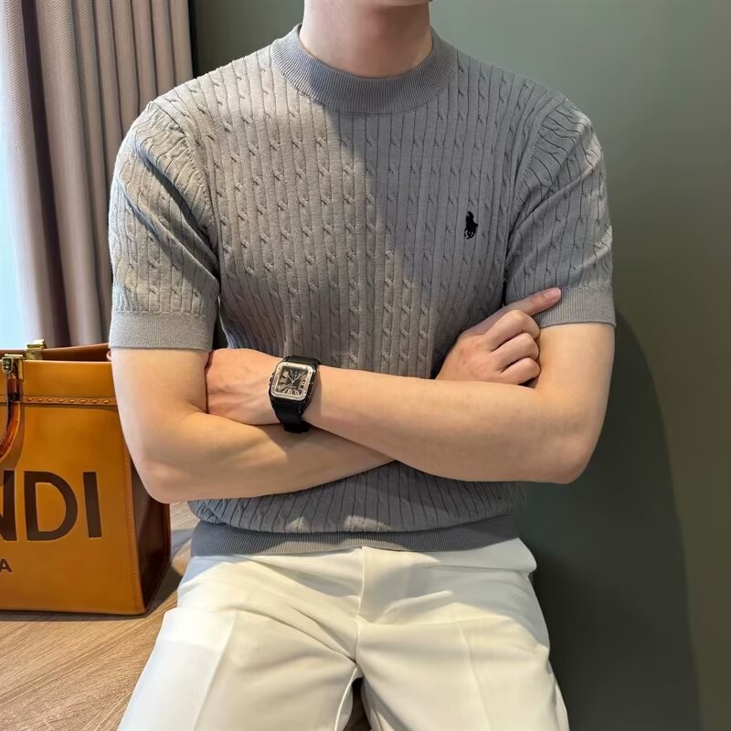 Mùa hè Mới Thêu Đan Tay Ngắn Nam Slim Fit Áo Thun Công Sở Thường Ngày