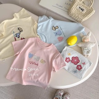 Áo thun ngắn tay dễ thương cho bé gái mùa hè, thêu hoạt hình, phong cách Hàn Quốc, áo thường ngày