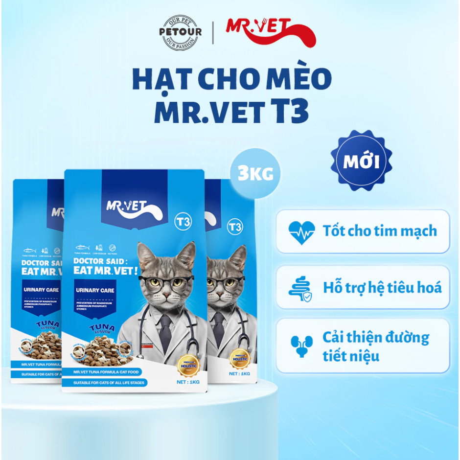 Thức ăn cho mèo MRVET dạng hạt T3 mới 1KG hỗ trợ cải thiện đường tiết niệu cho mèo