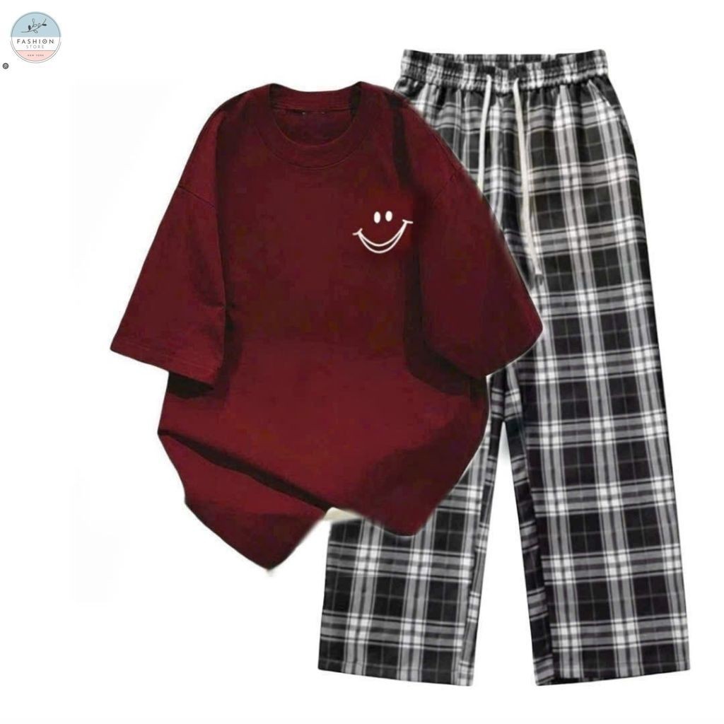Sét Bộ Quần Kẻ Caro đen  + mix áo phông in mặt cười  nam nữ cotton-QUẦN ÁO 94