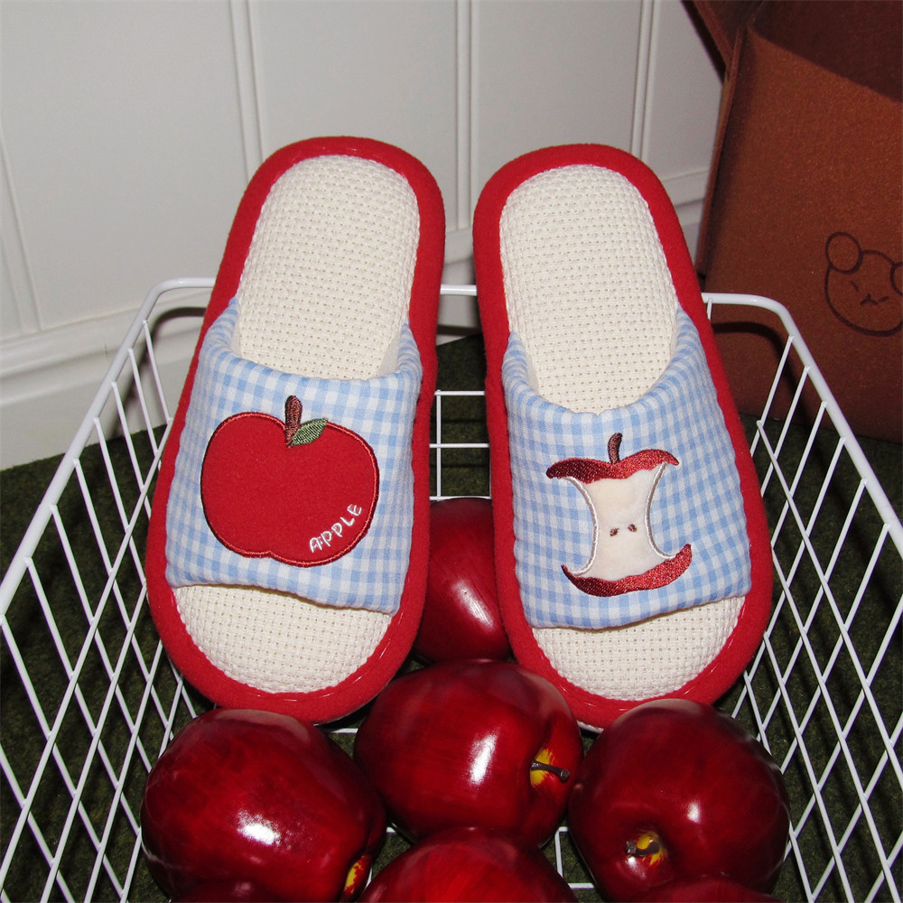 Dép Apple Vui Nhộn Dép Cotton Phẳng Im Lặng Đế Mềm Giày Sàn Vải Lanh Cotton Dép Bốn Mùa Dép Lanh Đa Năng Dép Đi Trong Nhà Dép Trong Nhà Mồ Hôi-