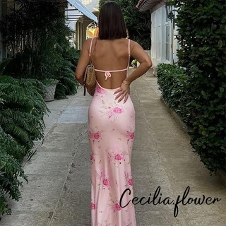 Đầm trơn nữ cổ chữ V không tay váy hoa hở lưng dài mùa hè cho bữa tiệc Cocktail