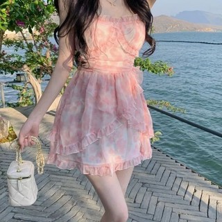 Váy thanh lịch, đầm cổ tích nhỏ nhắn, đầm dây hoa che bụng cho phụ nữ, đầm ngắn giảm eo mùa hè