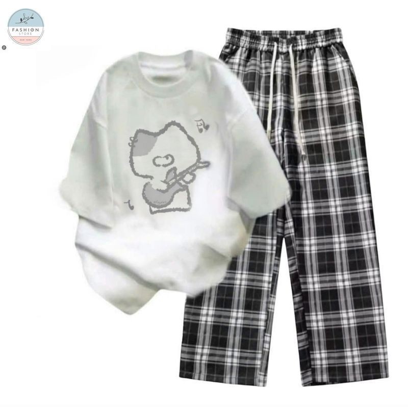 Sét Bộ Nữ quần caro đen +mix áo Phông - Mèo Đánh Đàn-QUẦN ÁO 94