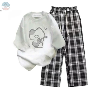 Sét Bộ Nữ quần caro đen +mix áo Phông - Mèo Đánh Đàn-QUẦN ÁO 94