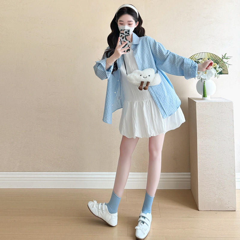 Bộ đồ bà bầu Váy Vest dáng rộng thời trang mùa hè + Áo sơ mi thêu kẻ sọc