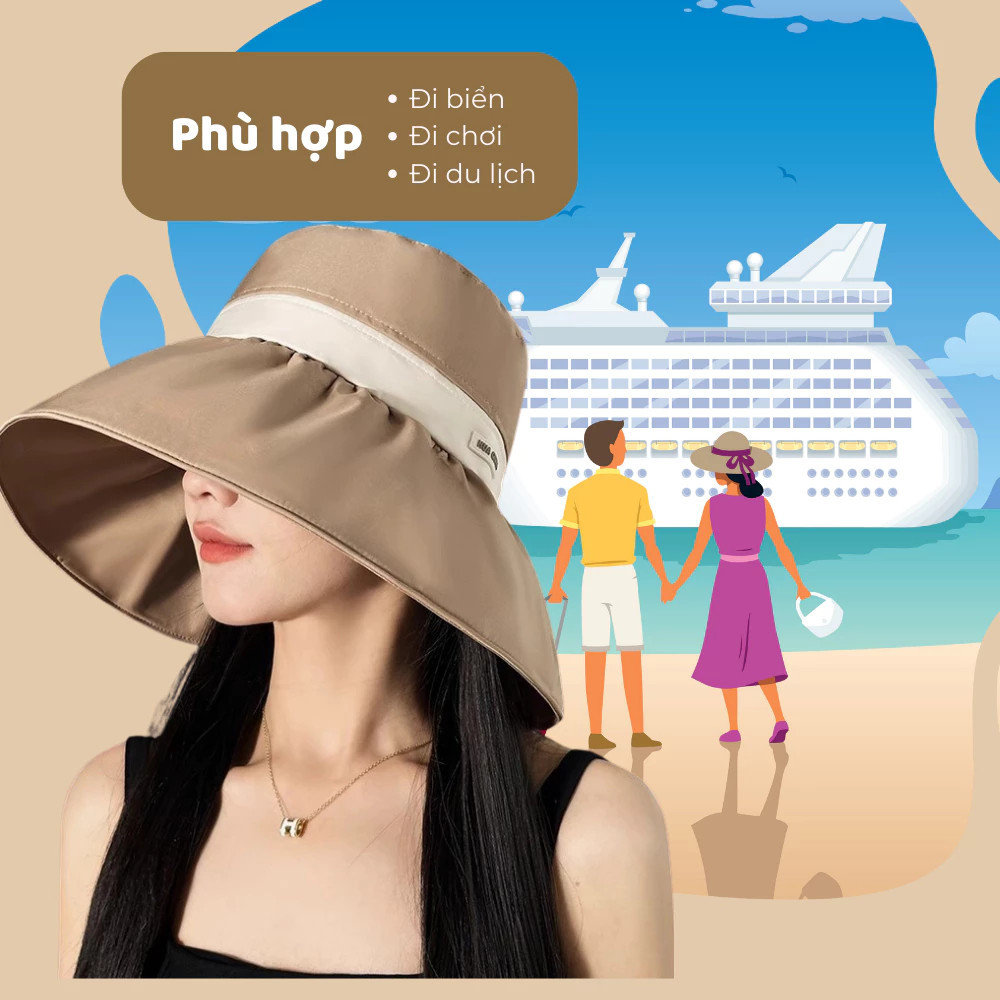 Mũ Chống Nắng Rộng Vành Chống Tia UV 99%, Nón Che Nắng Nữ Đi Biển Có Quai Điều Chỉnh Xuân Hè 2025