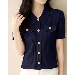 Cao Cấp Tính Khí Kích Thước Lớn Cổ Áo Polo Đơn Tay Ngắn Dệt Kim Cardigan Mùa Hè Mới Hàng Đầu