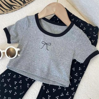 (1-8 tuổi) Bộ đồ phong cách công chúa ngọt ngào cho bé gái Nơ Áo thun ngắn tay loe quần ống rộng trang phục bé gái