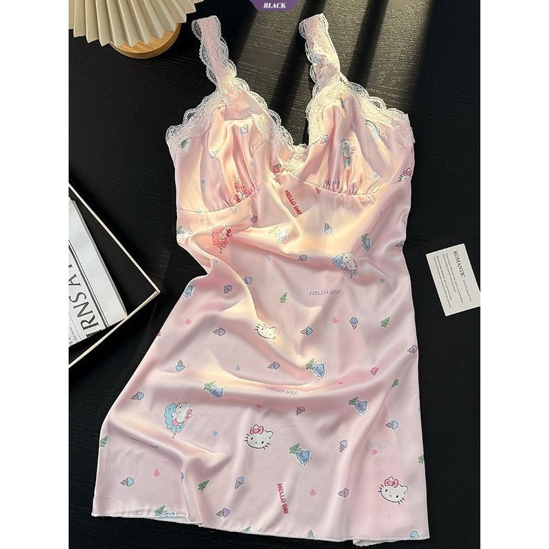 Bộ Đồ Ngủ Nữ Hellokitty Mùa Hè Băng Lụa Tay Ngắn Quần Short Có Miếng Lót Áo Ngực Ren Hồng [BL]