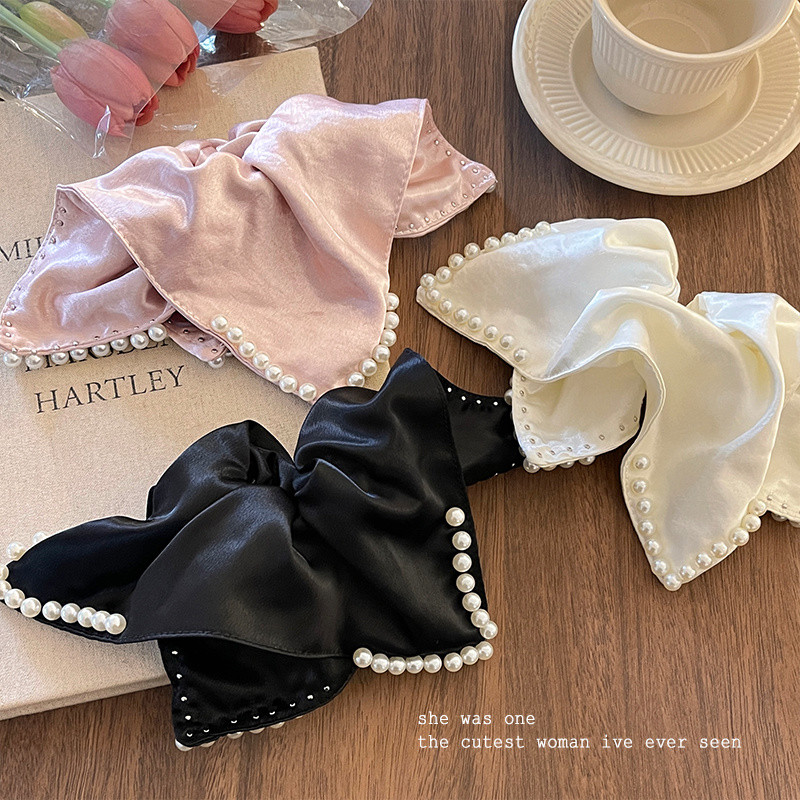 Dây buộc tóc vuông satin ngọc trai kiểu Pháp, khăn vuông oversized, dây buộc tóc thanh lịch cho đuôi ngựa thấp, phụ kiện tóc YBDJ