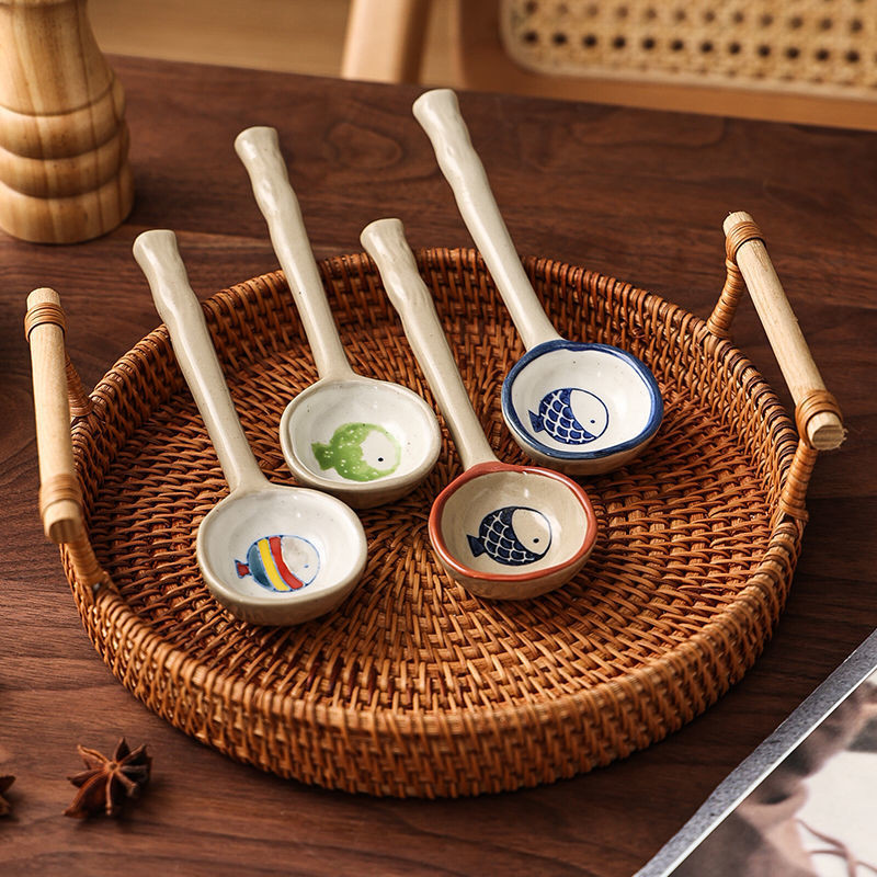 Thìa gốm nhỏ kiểu Nhật Bản dùng trong nhà, dễ thương và chất lượng cao, thìa sứ xanh trắng mộc mạc dùng để ăn và uống súp, phong cách Ins cho các cô gái 6.15 M9ZY