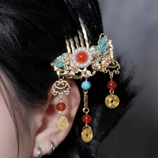 MAUROPOLI [Hàng có sẵn] [Yaohua] Phong cách cổ xưa Little God of Wealth Đồng xu Lược chải tóc Hanfu Phụ kiện tóc Năm mới Giả Chấm ngọc lục bảo Mũ đội đầu Váy ngựa Phụ kiện nữ