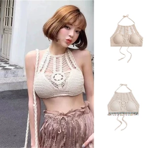 Treeling Nữ Bohemian Móc Dây Áo Ngực Bikini Cotton Không Lưng Có Tua Rua