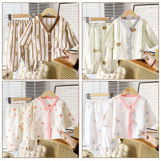 (6m-7Yrs) Bộ đồ mặc nhà mùa hè cho trẻ em Bộ đồ ngủ cổ chữ V bằng vải Cotton hoạt hình cho bé gái Quần ngắn tay Bộ đồ điều hòa không khí