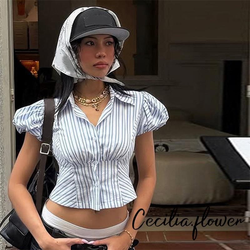 Áo sơ mi sọc mùa hè dành cho nữ - Tay phồng ngắn cổ tròn có nút thắt thường ngày dạo phố