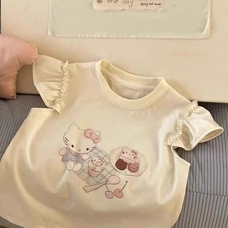 Áo thun cotton tay ngắn mùa hè phong cách Hàn Quốc cho bé gái, in hình mèo KT dễ thương, áo tay bèo cho trẻ em