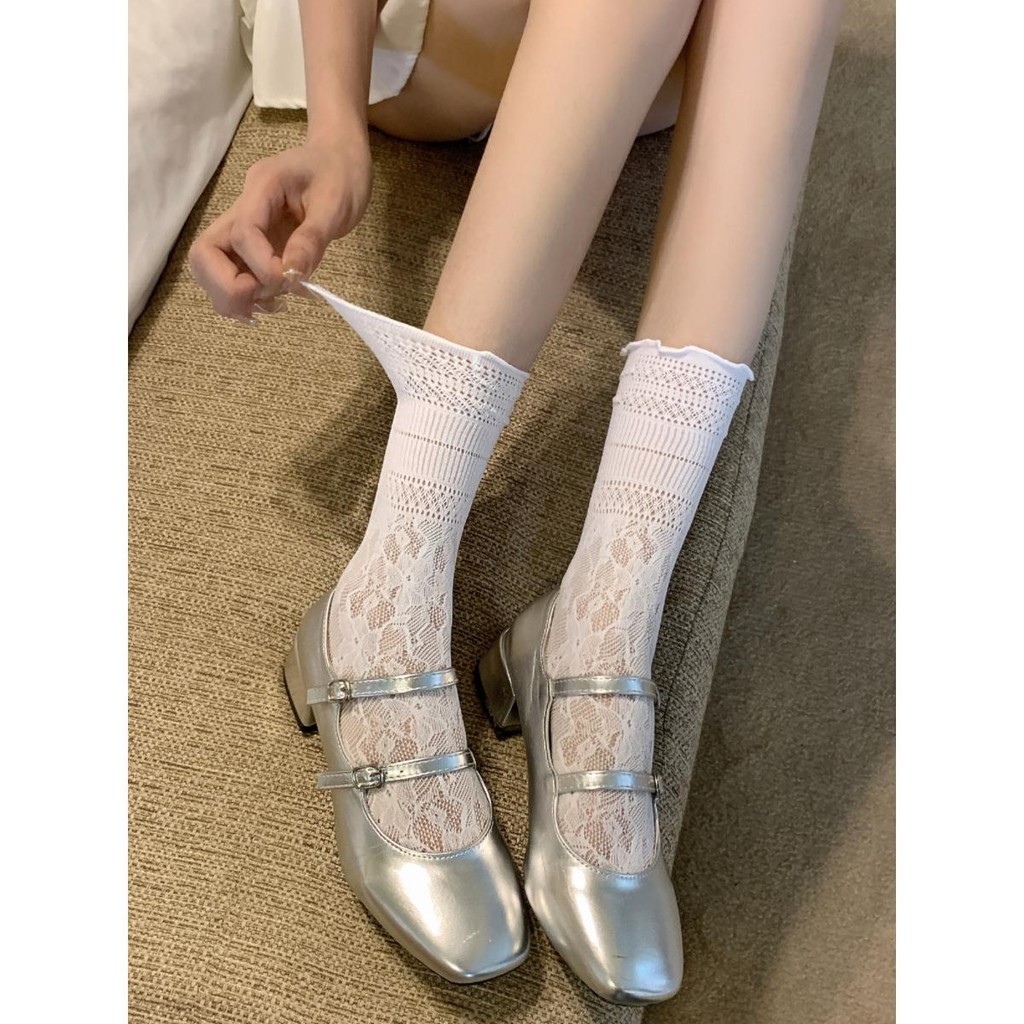 Tất Nữ Mỏng Phong Cách Rỗng Thoáng Khí Ren Cọc Tất Nấm Cạnh Tất Ren Giữa Ống Tất Với Mary Jane Giày