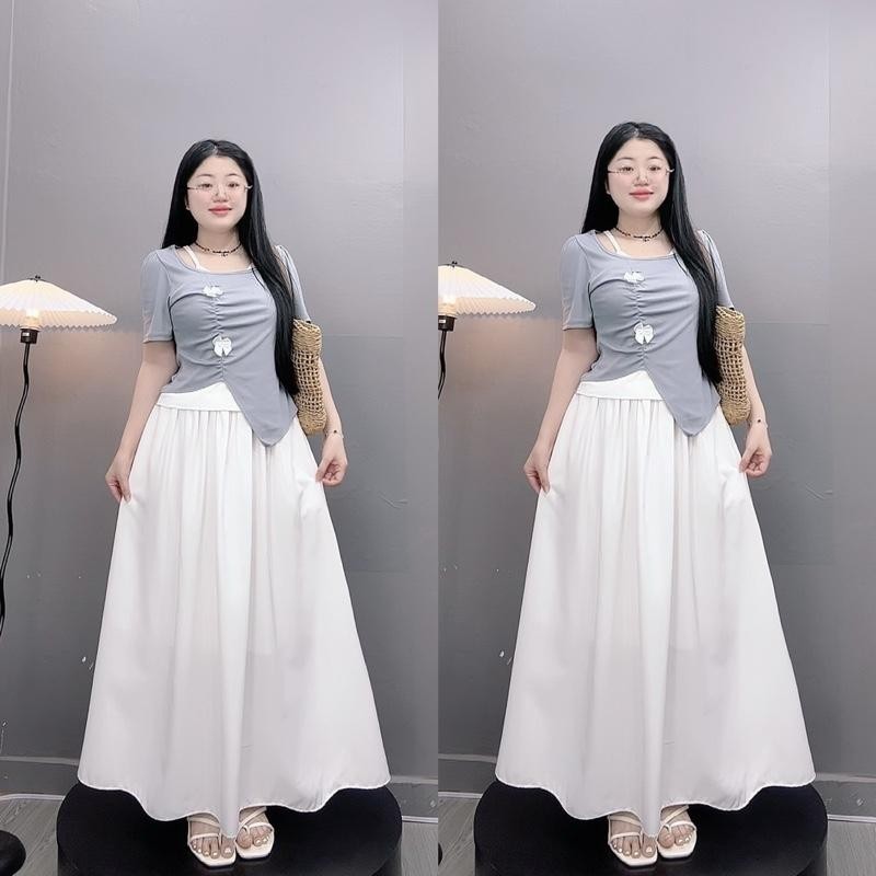 Set Áo Váy Bigsize Nữ (55-90Kg) Áo Thun Cổ Yếm Đính Nơ Mix Váy Dài Nàng Thơ -A278 + CV15