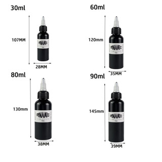 Mực xăm NCE màu đen dành cho nghệ thuật body art, phù hợp tập luyện với các dung tích: 30ml, 60ml, 80ml, 90ml.