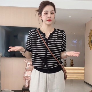Phong Cách Mới Sọc Băng Lụa Ngắn Tay Áo Thun Nữ Rời Kích Thước Lớn Phù Hợp Với Sli