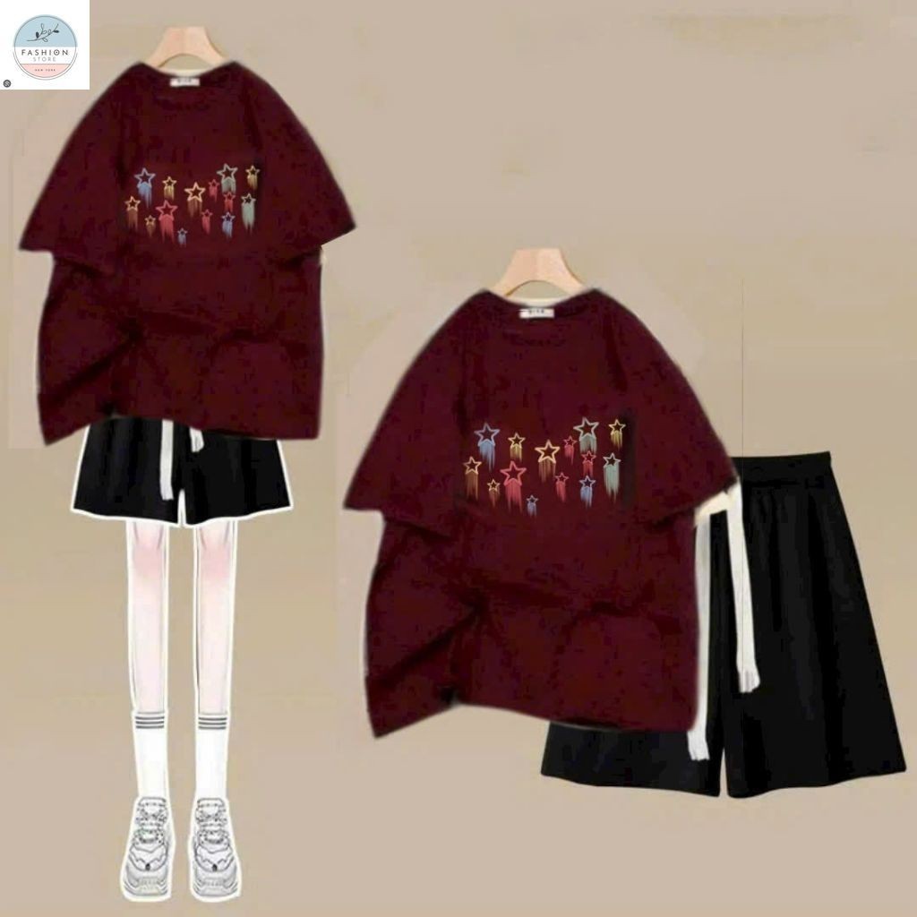 Sét Bộ quần đùi trơn + mix áo phông form rộng tay lỡ - hình ngôi sao-QUẦN ÁO 94