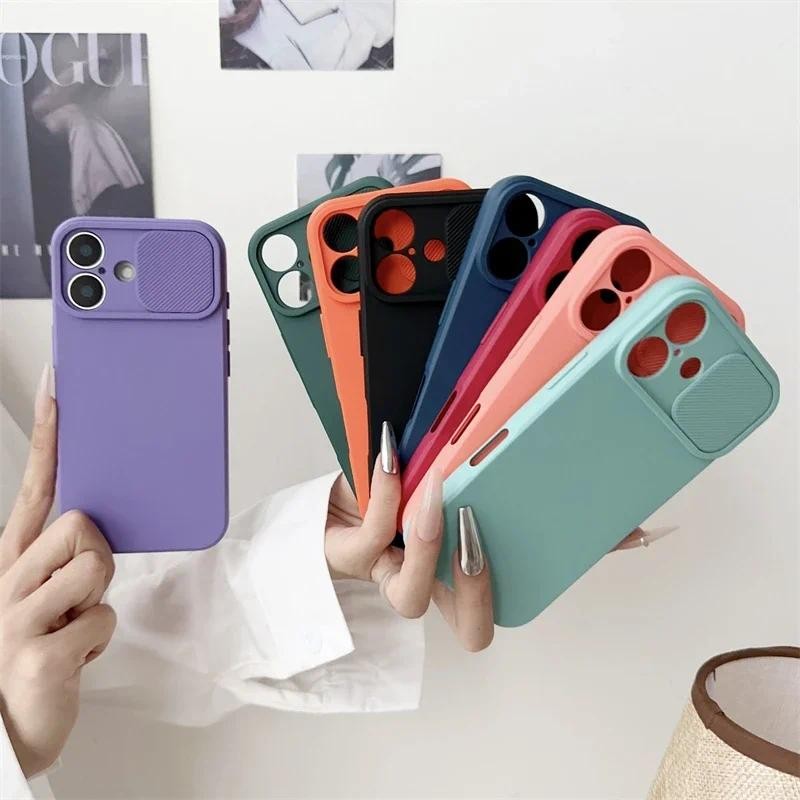 Ốp Điện Thoại Bảo Vệ Ống Kính Máy Ảnh Trượt Cho IPhone 16E 16 15 14 Plus 13 12 11 Pro XS XR Max 8 7 Vỏ Silicon Mềm Chống Sốc