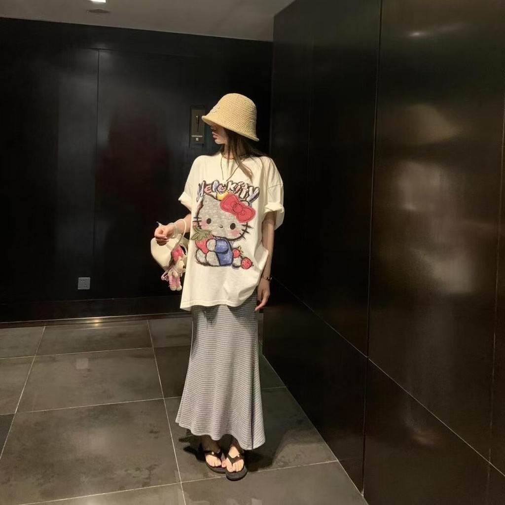 Dạo Phố Cặp Đôi Cotton Nguyên Chất Áo Thun Tay Ngắn Retro Hoạt Hình In Hình Rời