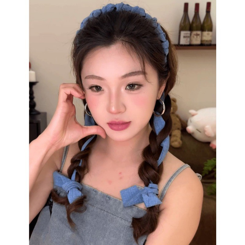Đenim Xanh Streamer Mùa Hè Mới Thoáng Mát Xoắn Nút Thắt Lưng Cô Gái Ngọt Ngào và Cay Băng Đô Full Răng Lược