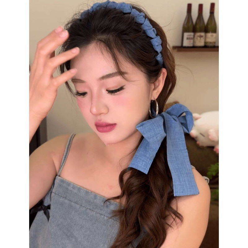 Đenim Xanh Streamer Mùa Hè Mới Thoáng Mát Xoắn Nút Thắt Lưng Cô Gái Ngọt Ngào và Cay Băng Đô Full Răng Lược