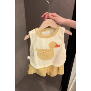 Bộ áo vest và quần short mùa hè cho trẻ em, phong cách Hàn Quốc, bé trai và bé gái, túi vịt dễ thương, bộ hai mảnh màu vàng thoải mái