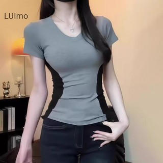 LUImo Mùa Hè Mỹ Retro Màu Sắc Tương Phản Gợi Cảm Cổ Chữ V Tay Ngắn Áo Thun Nữ SBS