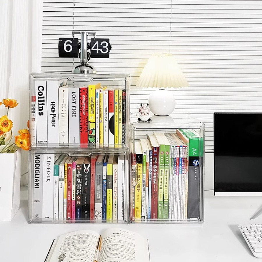 Hộp Đựng Sách Để Bàn Chống Bụi Cỡ Lớn Có Nắp Đậy Tiện Lợi, Hộp Đựng Đồ Trong Suốt Decor DINOHOME
