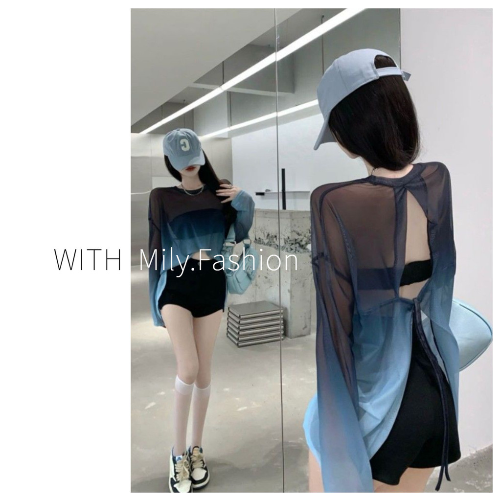 Milyfashion Gradient Ice Silk Kem Chống Nắng Mùa Hè Pure Desire Hot Girl Gợi Cảm Dây Mỏng Xuyên Qua Tay Dài T