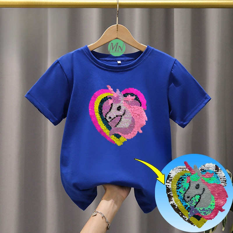 2025 Kỳ Lân Trái Tim Lật Sequin Áo Thun Cho Trẻ Em Bé Trai Bé Gái Hoạt Hình Mùa Hè Giả Tưởng Tee Top