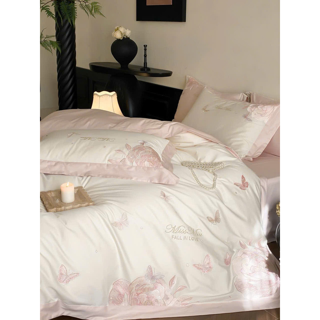 (L41530)Bộ Chăn Ga Gối Chất Liệu Cao Cấp Mềm Mại Tone Màu Dịu Dàng Thêu Họa Tiết Hoa Tinh Xảo - MemMinbedding Luxury