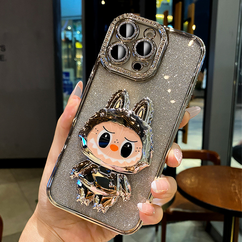 Ốp điện thoại giá đỡ gương mạ điện cho iPhone 16 11 12 13 14 15 Pro Max 16 15 plus Bảo vệ Camera ống kính Vỏ chống sốc Vỏ mềm TPU vỏ bảo vệ điện thoại