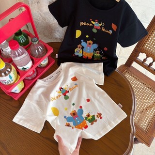 Áo thun ngắn tay hình gấu hoạt hình cho trẻ em mùa hè mới, cotton nguyên chất, dễ thương, trang phục cho bé trai và bé gái