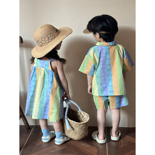 Trang phục mùa hè mới cho bé trai, váy ngắn tay cầu vồng cho bé gái, trang phục phù hợp cho anh chị em, bộ hai mảnh cho kỳ nghỉ