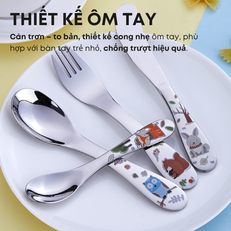 Bộ Dao Thìa Nĩa Inox 304 Cao Cấp Cho Bé Từ 2 Tuổi - Tay Cầm Hoạt Hình Màu Sắc Tươi Sáng Không Bong, Bền Đẹp | 303