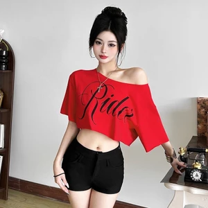 Klalien Áo Thun Gợi Cảm Cổ Tròn Vai Baring Tay Ngắn Rốn Lộn Chữ Cổ Điển In Hình Mùa Hè Hot Chick Thường Ngày 2025 Thời Trang Phụ Nữ Mới