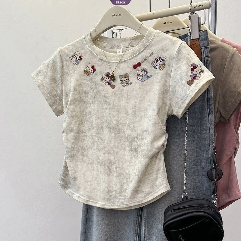 Phim hoạt hình HelloKitty Áo thun ngắn xếp li nữ mùa hè Tie-dye Hồng Phong cách đại học Áo ngắn tay mỏng [BL]