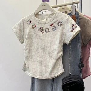 Phim hoạt hình HelloKitty Áo thun ngắn xếp li nữ mùa hè Tie-dye Hồng Phong cách đại học Áo ngắn tay mỏng [BL]