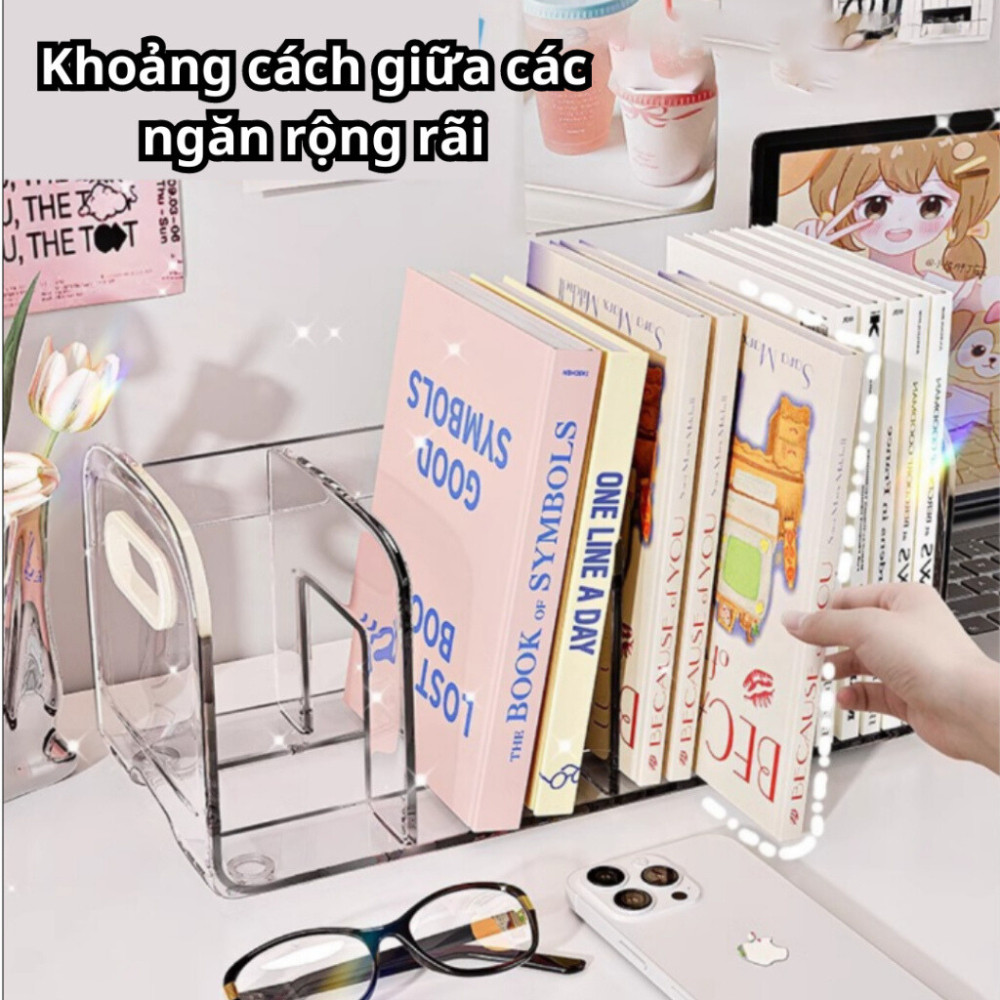 Kệ đựng sách để bàn trong suốt DINOHOME nhiều ngăn chất liệu Acrylic dày dặn, cao cấp có tay cầm